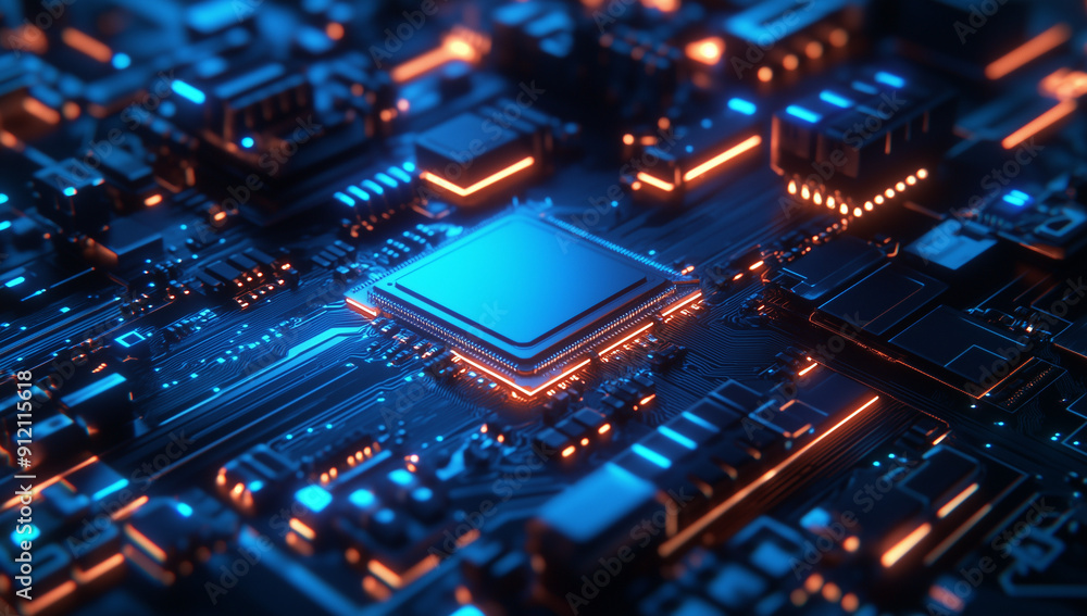 3D rendering of the chip, Blue computer electronic chip with blue glow, multiple filter effect and glowing light effects on top. 3D rendering of the chip, Blue computer electronic chip with blue glow, multiple filter effect and glowing light effects on top.