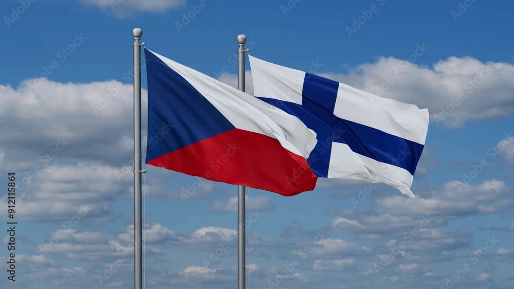 Finland and Czech flags flying together, video concept of the relationship, two country relations concept Finland and Czech flags flying together, video concept of the relationship, two country relations concept