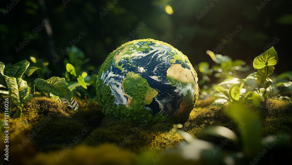3d rendering of planet earth surrounded by green plants. The background is dark and blurry, creating an atmosphere of environmental awareness 3d rendering of planet earth surrounded by green plants. The background is dark and blurry, creating an atmosphere of environmental awareness