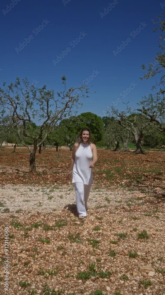 Young hispanic woman walking through an olive tree grove in puglia, italy, enjoying the sunny weather and natural beauty of the landscape. Young hispanic woman walking through an olive tree grove in puglia, italy, enjoying the sunny weather and natural beauty of the landscape.