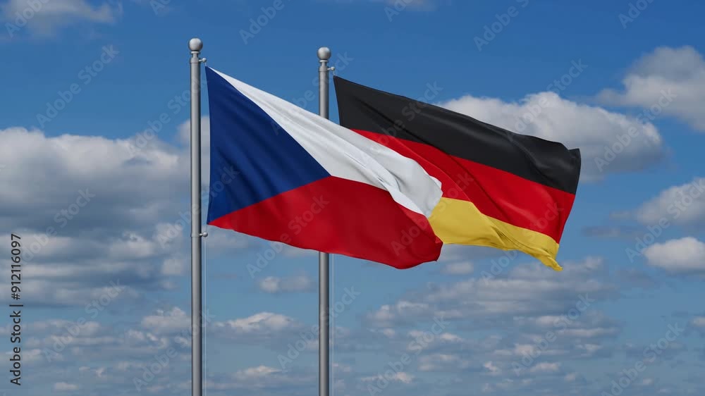 Germany and Czech flags flying together, video concept of the relationship, two country relations concept Germany and Czech flags flying together, video concept of the relationship, two country relations concept