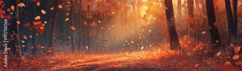 Autumn's Lullaby: A High-Resolution Hand-Drawn Anime-Style Image of Nature's Farewell in a Forest of Falling Leaves and the Allure of the Season with Rustling Leaves and Fresh Air. photo