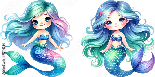 Watercolor of mermaids, illustration.