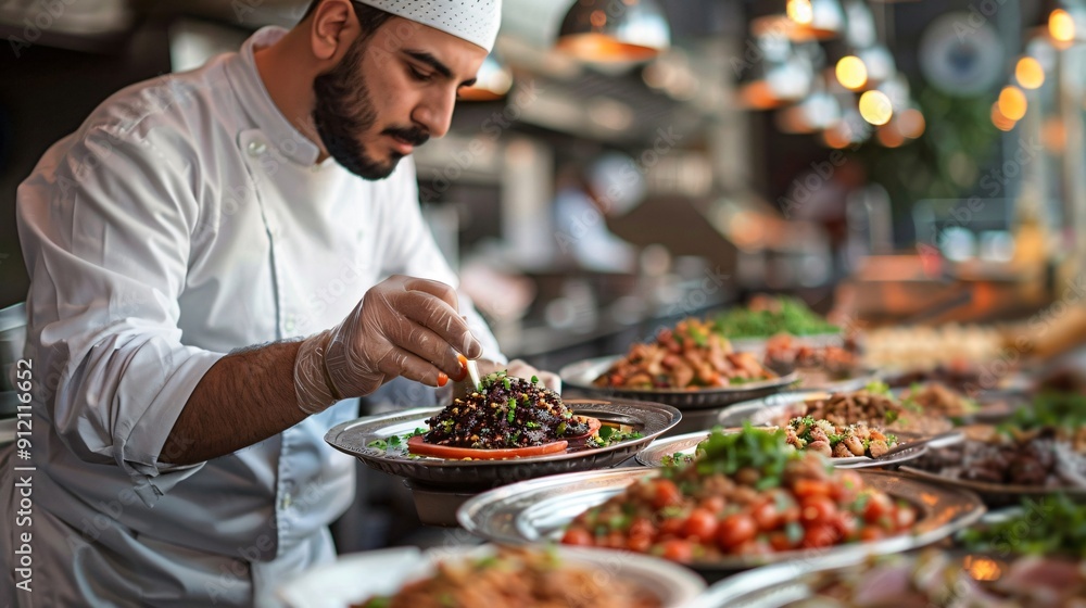 Chef Finishing a Dish in a Restaurant Kitchen Chef Finishing a Dish in a Restaurant Kitchen