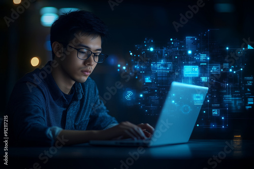 A young man wearing glasses is sitting in front of a laptop computer. The background is dimly lit, and there are glowing technology lines in the background