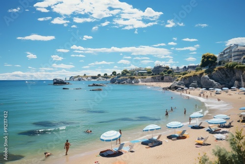 A lively beach with people and beach umbrellas