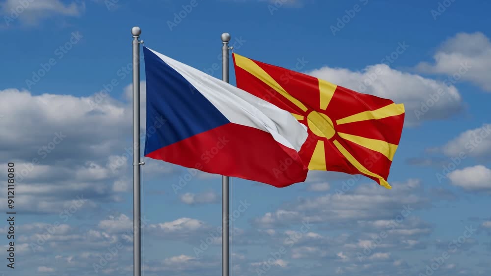 Czech and North Macedonia flags flying together, video concept of the relationship Czech and North Macedonia flags flying together, video concept of the relationship