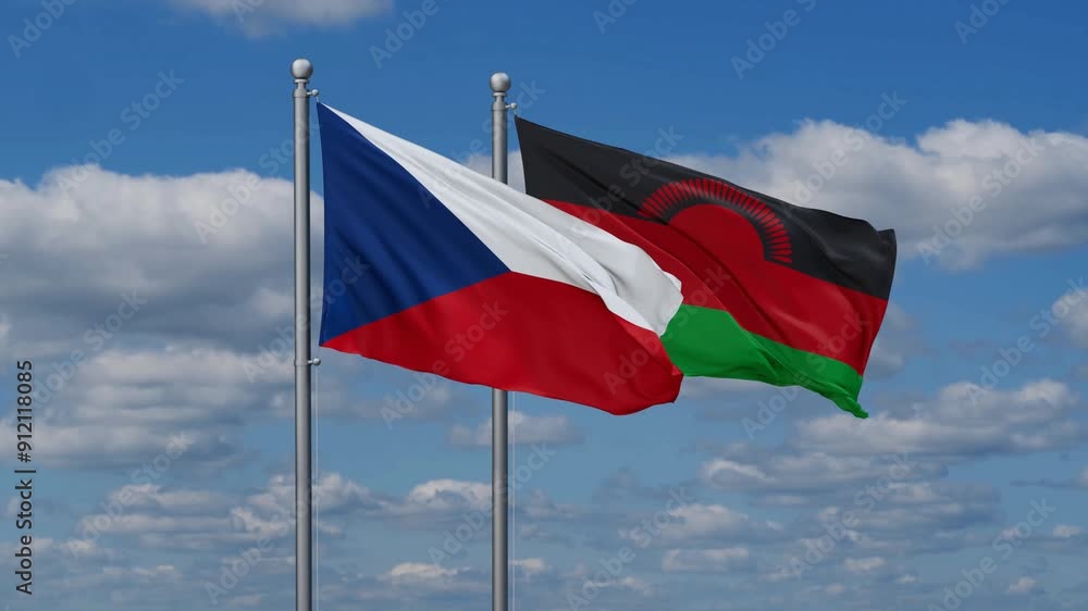 Malawi and Czech flags flying together, video concept of the relationship, two country relations concept Malawi and Czech flags flying together, video concept of the relationship, two country relations concept