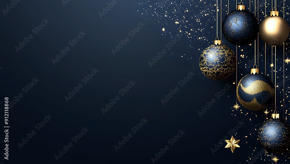 Elegant Blue and Gold Christmas Ornaments Dangle with Sparkling Glitter on Dark Background Elegant Blue and Gold Christmas Ornaments Dangle with Sparkling Glitter on Dark Background