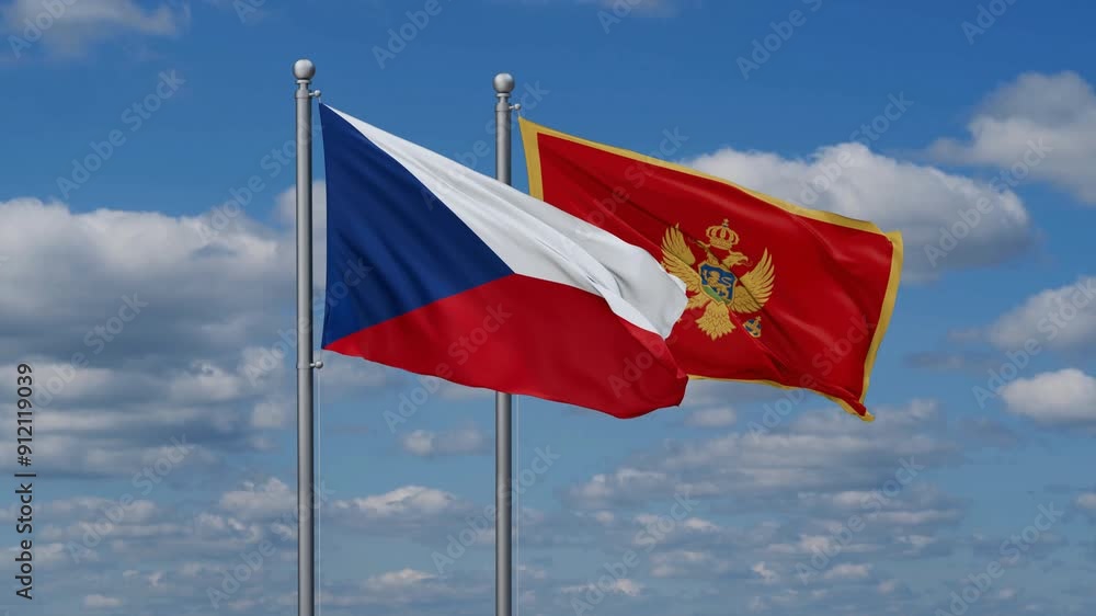 Montenegro and Czech flags flying together, video concept of the relationship, two country cooperation concept Montenegro and Czech flags flying together, video concept of the relationship, two country cooperation concept