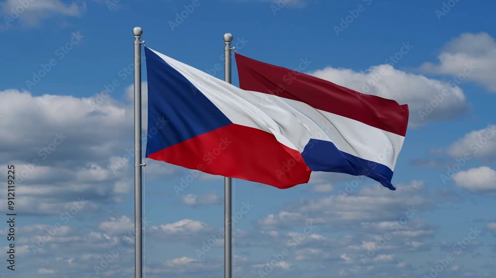 Netherlands and Czech flags flying together, video concept of the relationship, two country relations concept Netherlands and Czech flags flying together, video concept of the relationship, two country relations concept