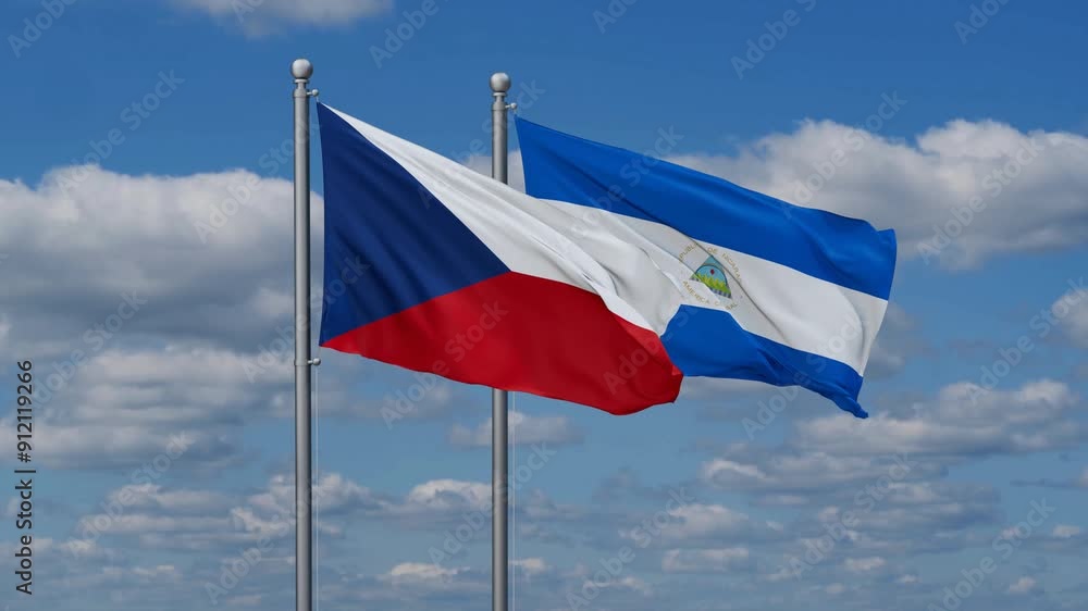 Nicaragua and Czech flags flying together, video concept of the relationship, two country relations concept Nicaragua and Czech flags flying together, video concept of the relationship, two country relations concept