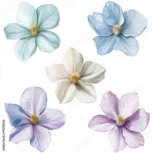 Five pastel flowers are beautifully illustrated and arranged.