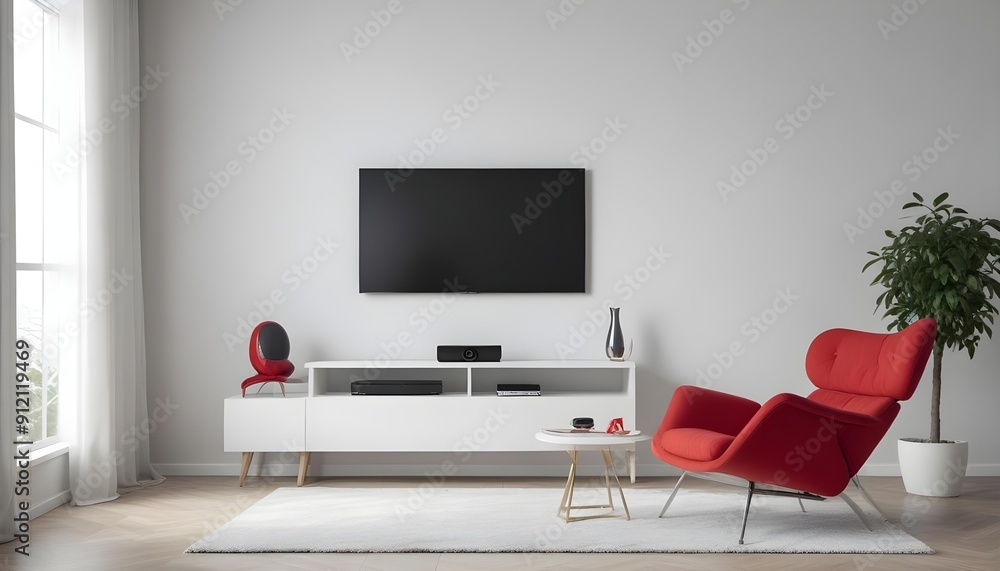 A modern living room with a large flat-screen TV mounted on the wall, a white TV stand, and a red armchair A modern living room with a large flat-screen TV mounted on the wall, a white TV stand, and a red armchair