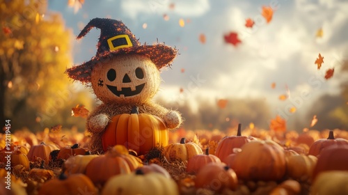 Scarecrow in a Golden Autumn Field, Happy Scarecrow Halloween 3d render