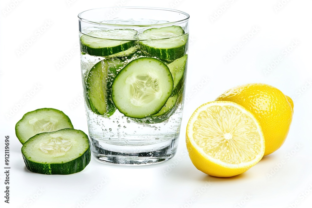 Cool Cucumber Water with Lemon isolated on white background