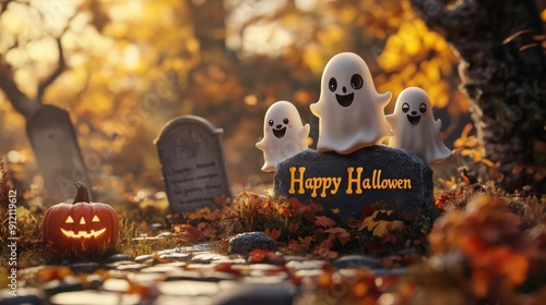 Halloween Graveyard with Friendly Ghosts, Three Friendly Ghosts Celebrating Halloween