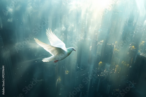 Peace Dove Soaring Above the City, scene of a white dove soaring through a mist-covered cityscape