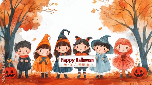 halloween party kids illustration, Standing and holding a sign that says Happy Halloween With a smiling and happy face
