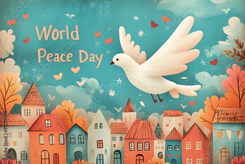 World Peace Day A Symbol of Hope, The dove is positioned in the center of the frame, its wings spread wide as it glides gracefully through the air