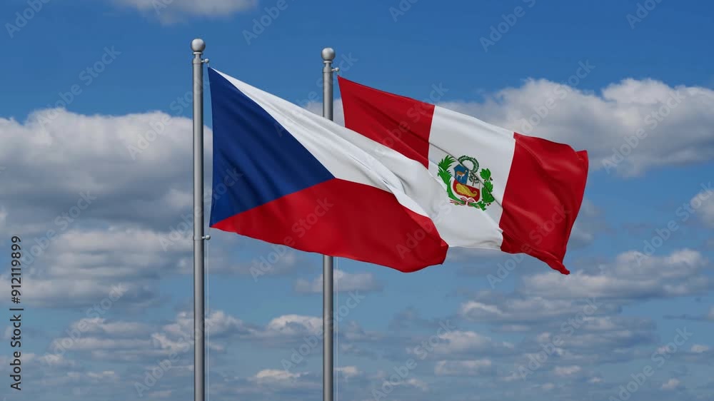 Peru and Czech flags flying together, video concept of the relationship, two country cooperation concept Peru and Czech flags flying together, video concept of the relationship, two country cooperation concept