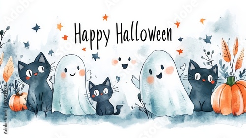 Happy Halloween Ghosts and Black Cats, Cute illustration of smiling ghosts and black cats celebrating Halloween with pumpkins and autumn leaves in a spooky setting.