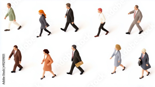 Various business men and women miniature figures in clay texture standing in a line and walking. Top view. Isolated on white background.