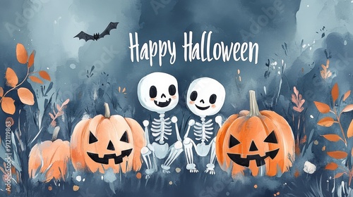 Happy Halloween skeleton and pumpkin, Cute illustration of smiling skeleton celebrating Halloween with pumpkins and midnight background.