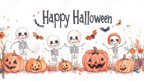 Happy Halloween skeleton, Cute illustration of smiling skeleton celebrating Halloween with pumpkins and bat white background.