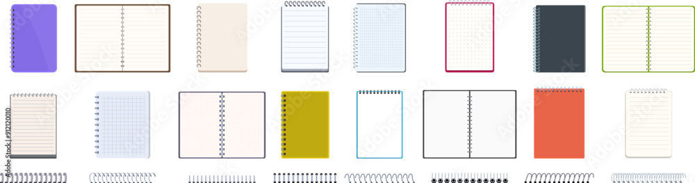 Notebook spiral binders icons set. Variety of blank spiral notebooks with different colored covers, sizes, and binding styles are depicted, offering options for note taking Notebook spiral binders icons set. Variety of blank spiral notebooks with different colored covers, sizes, and binding styles are depicted, offering options for note taking