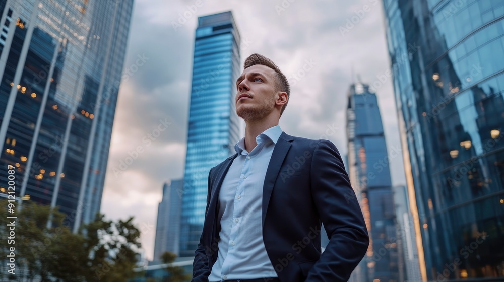 Confident rich businessman executive standing in modern big city looking and dreaming of future business success, thinking about new goals, business vision and leadership concepts with generative ai Confident rich businessman executive standing in modern big city looking and dreaming of future business success, thinking about new goals, business vision and leadership concepts with generative ai