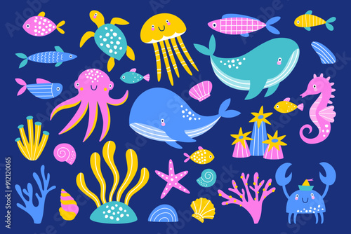 Set with sea life. Cute whales, crab, seaweed, jellyfish, octopus, seahorse.