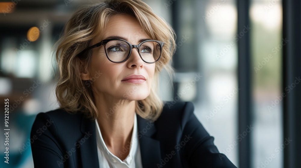 A close-up of a professional-looking middle-aged businesswoman in black horn-rimmed glasses sitting looking far away. A middle-aged woman waiting for an interview. A close-up of a professional-looking middle-aged businesswoman in black horn-rimmed glasses sitting looking far away. A middle-aged woman waiting for an interview.