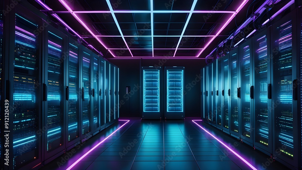 A large room with many computer servers and neon lights A large room with many computer servers and neon lights