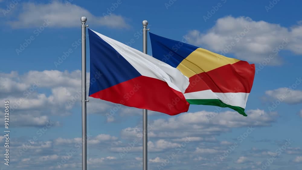 Seychelles and Czech flags flying together, video concept of the relationship, two country relations concept Seychelles and Czech flags flying together, video concept of the relationship, two country relations concept