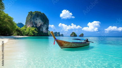 A one Thai boat floating on the emerald transparent sea under the blue sky. Beach scenery of Phi Phi Island, Thailand. Summer vacation, relaxation, travel, leisure background.