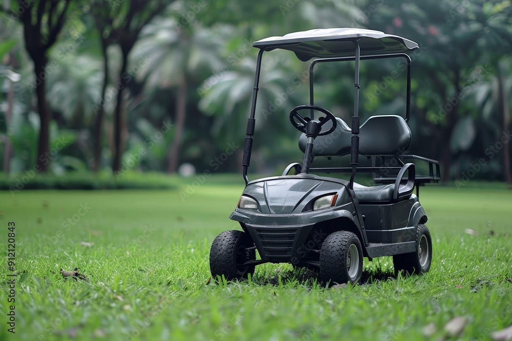 Black Golf Cart Parked on a Lush Green Lawn, Surrounded by Trees, Offering a Tranquil View Black Golf Cart Parked on a Lush Green Lawn, Surrounded by Trees, Offering a Tranquil View