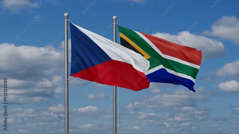 Republic of South Africa and Czech flags flying together, video concept of the relationship, two country cooperation concept Republic of South Africa and Czech flags flying together, video concept of the relationship, two country cooperation concept