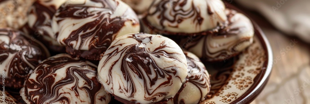Close up of white and brown Moroccan marbled chocolate cookies on a plate Close up of white and brown Moroccan marbled chocolate cookies on a plate