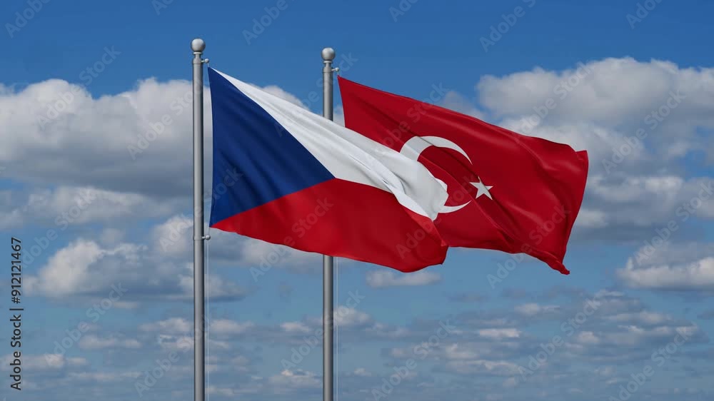 Republic of Turkey and Czech flags flying together, video concept of the relationship, two country cooperation concept Republic of Turkey and Czech flags flying together, video concept of the relationship, two country cooperation concept