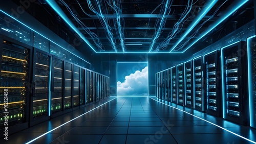 A large room with many computer servers and a blue sky in the background
