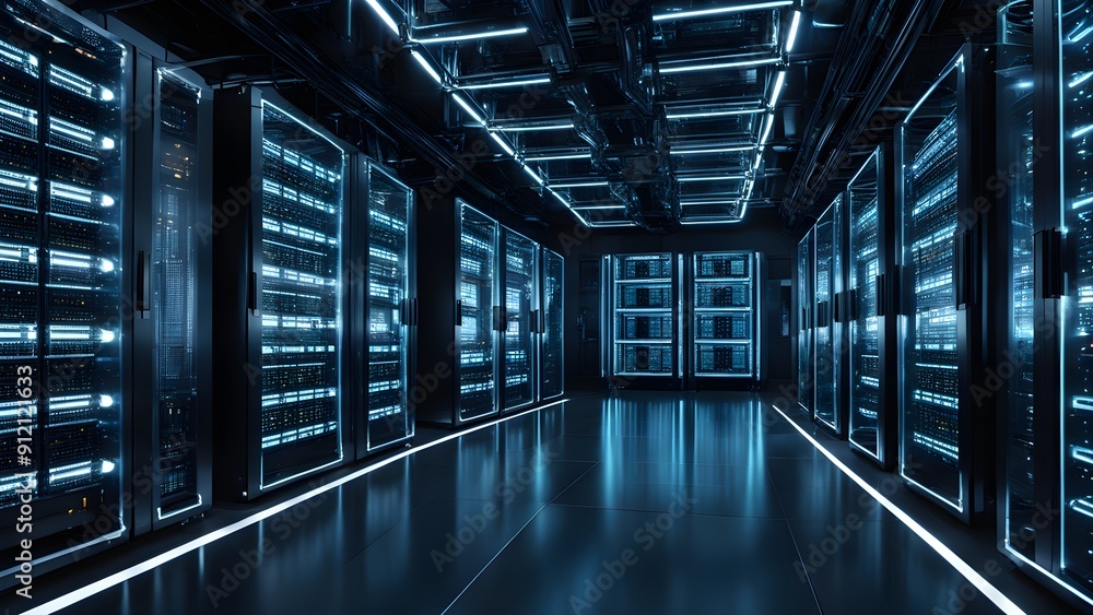 A large room with many computer servers A large room with many computer servers