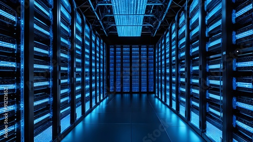 A large room with blue lights and rows of computer servers