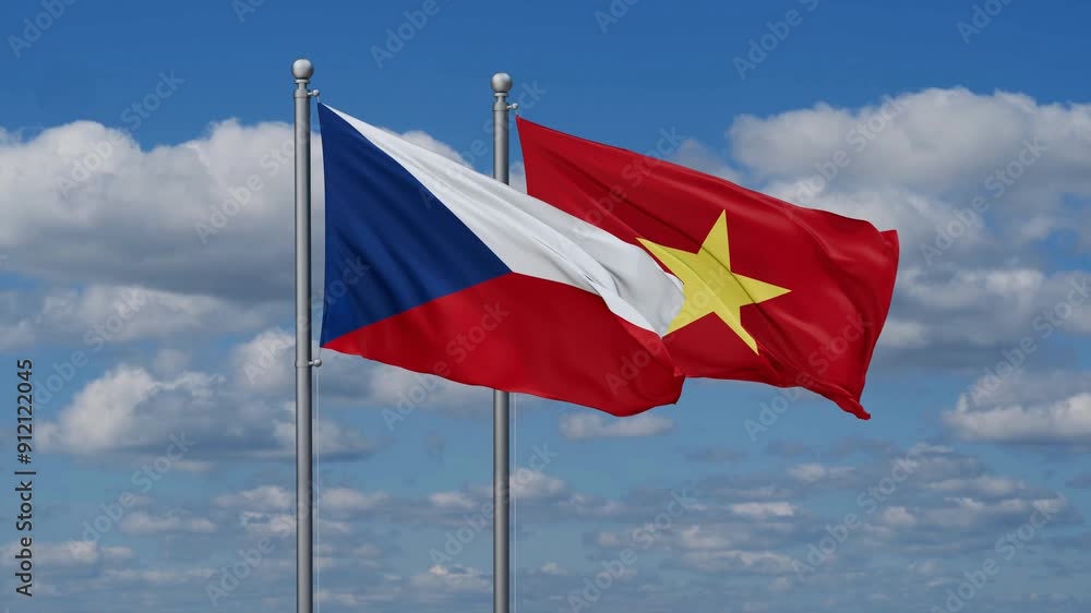 Vietnam and Czech flags flying together, video concept of the relationship Vietnam and Czech flags flying together, video concept of the relationship
