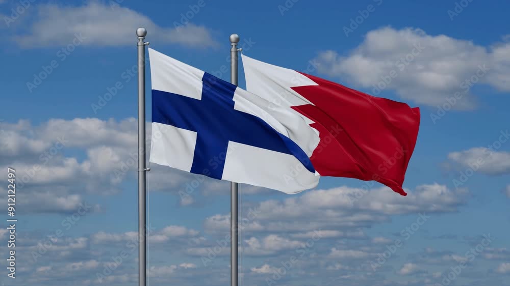 Bahrain and Finland flags flying together, video concept of the relationship, two country relations concept Bahrain and Finland flags flying together, video concept of the relationship, two country relations concept