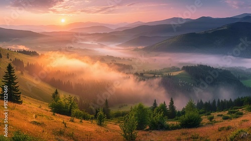 Spectacular summer sunrise in Carpathian mountains. Foggy morning panorama of green mountain valley, Transcarpathian, Rika village location, Ukraine, Europe which is very beautiful photo