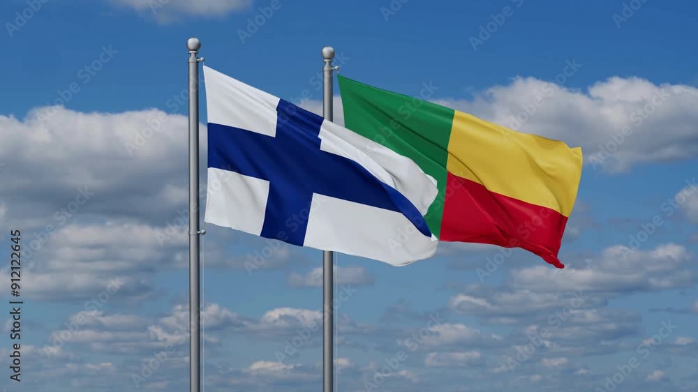 Finland and Benin flags flying together, video concept of the relationship Finland and Benin flags flying together, video concept of the relationship