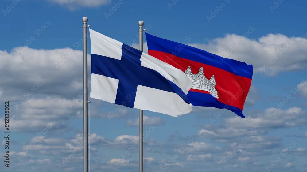 Cambodia and Finland flags flying together, video concept of the relationship, two country relations concept Cambodia and Finland flags flying together, video concept of the relationship, two country relations concept