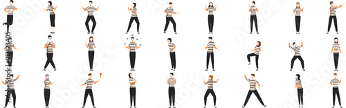 Mime performing pantomime icons set. Collection of male and female mimes performing different actions wearing typical black and white striped clothing