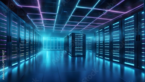 A large room with many computer servers and a neon blue ceiling